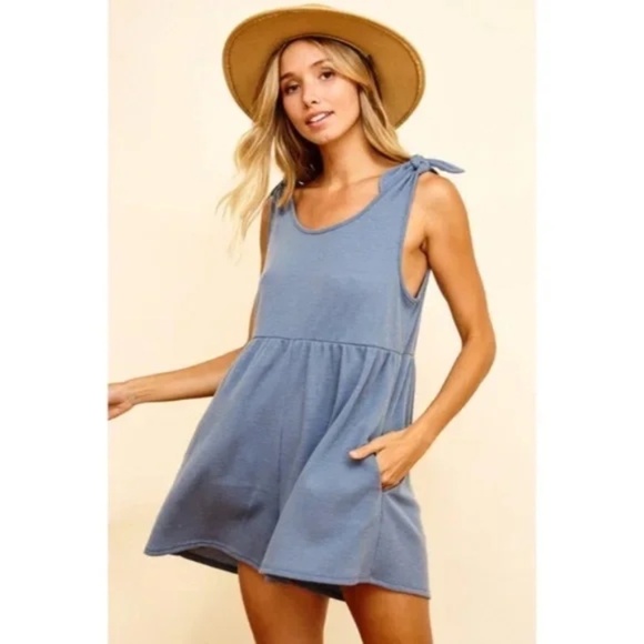 Blue Washed Denim Thermal Sleeveless Tie Romper w/ Pockets Boho Casual Summer - Picture 1 of 6